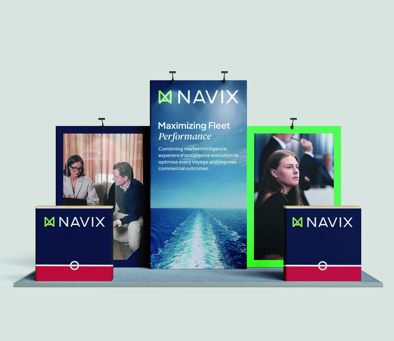Navix exhibition booth with roll-ups and counters