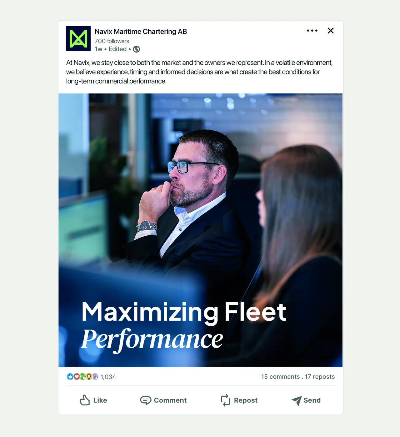 A Navix LinkedIn post: a photograph of a man and a woman at their screens with “Maximizing Fleet Performance” set over the image.