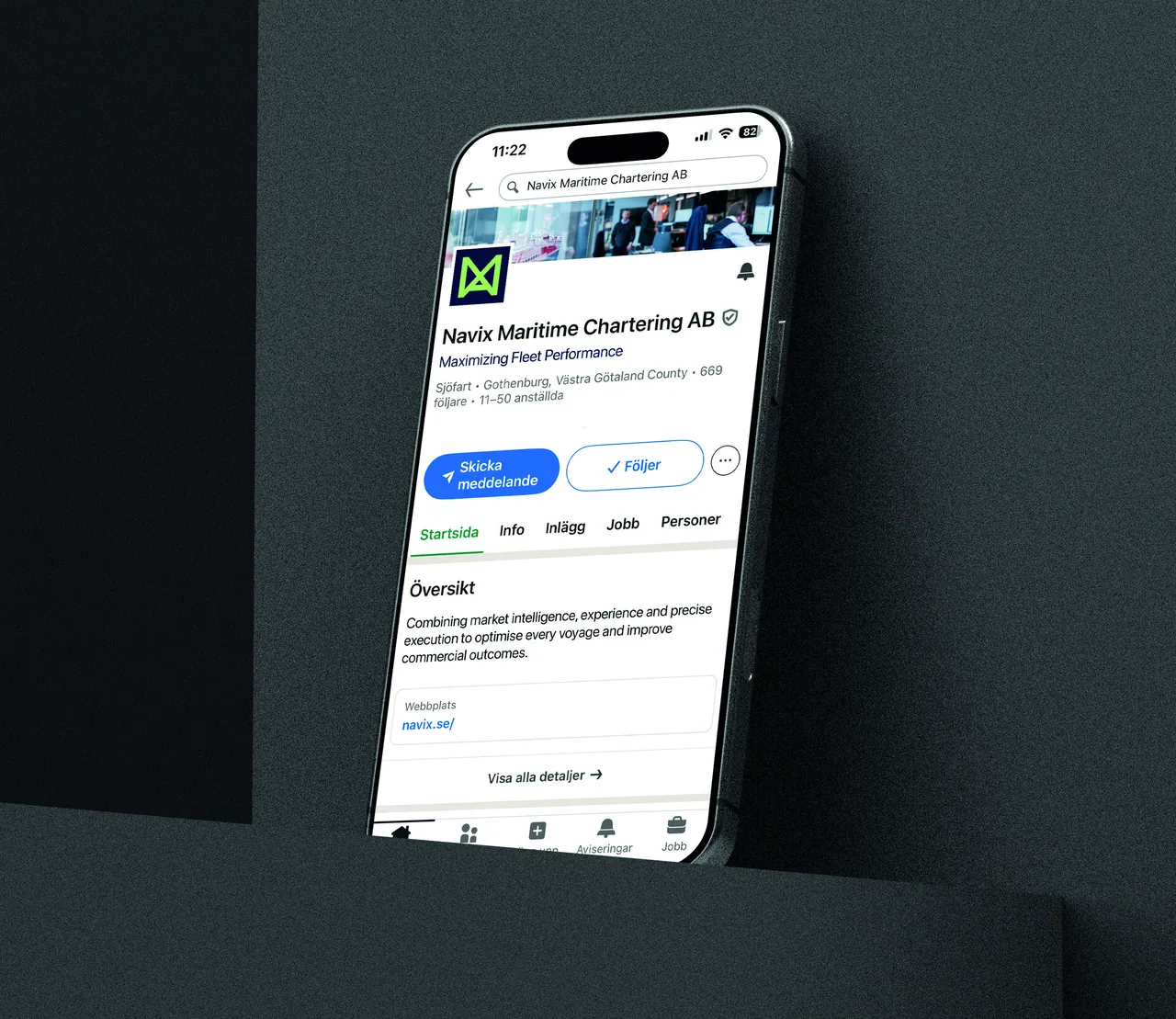 The Navix LinkedIn company page on a phone, with the logomark as profile image and “Maximizing Fleet Performance” as the tagline.