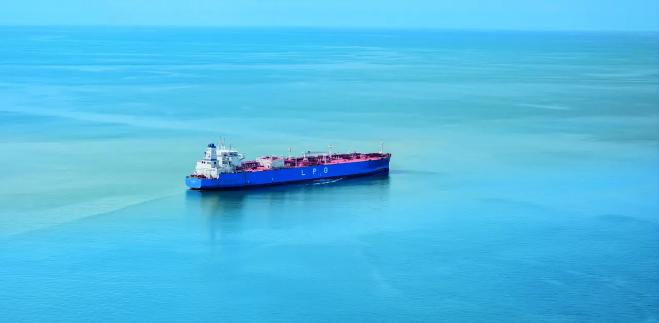 Aerial view of a tanker on a calm, turquoise sea